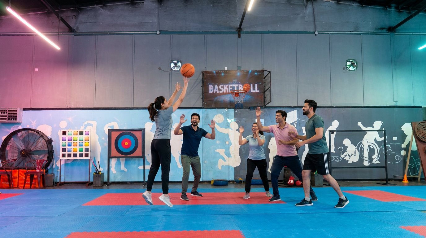 A corporate group playing basketball at Botfit