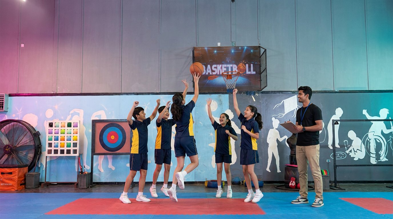 A school group playing basketball at Botfit Gurugram